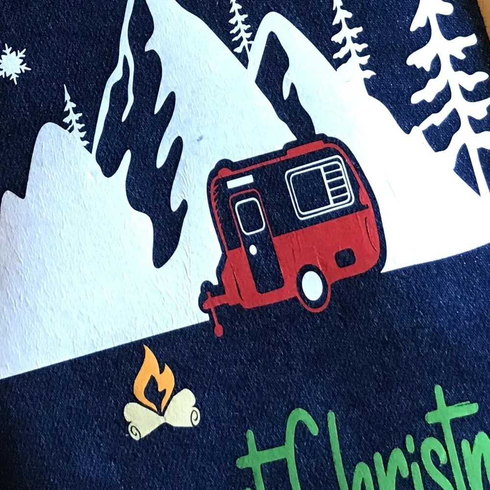 Handmade Denim Christmas Stocking, Mountains Cabin Decor Camping Fishing M-L